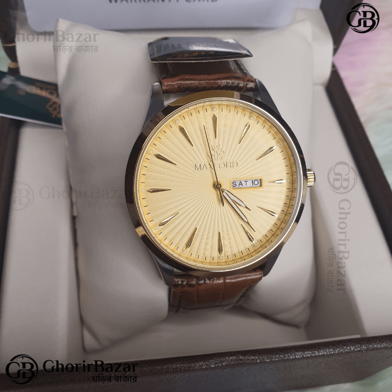 Maxlord 3746 Premium Leather Watch (Gold+Reddish-Brown)