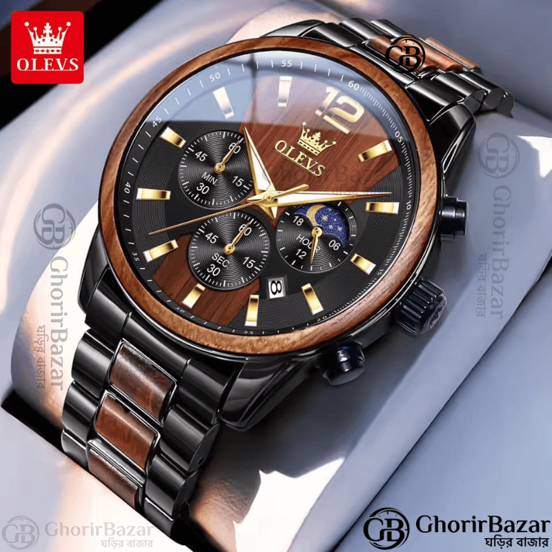 OLEVS 3645 Stainless Textured Solid Wood Quartz for Men (Black+Brown) OLEVS 3645 Stainless Textured Solid Wood Quartz for Men (Black+Brown)