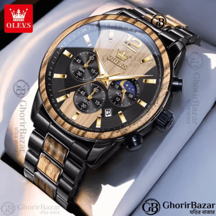 OLEVS 3645 Stainless Textured Solid Wood Quartz for Men (Black+Chocolate)