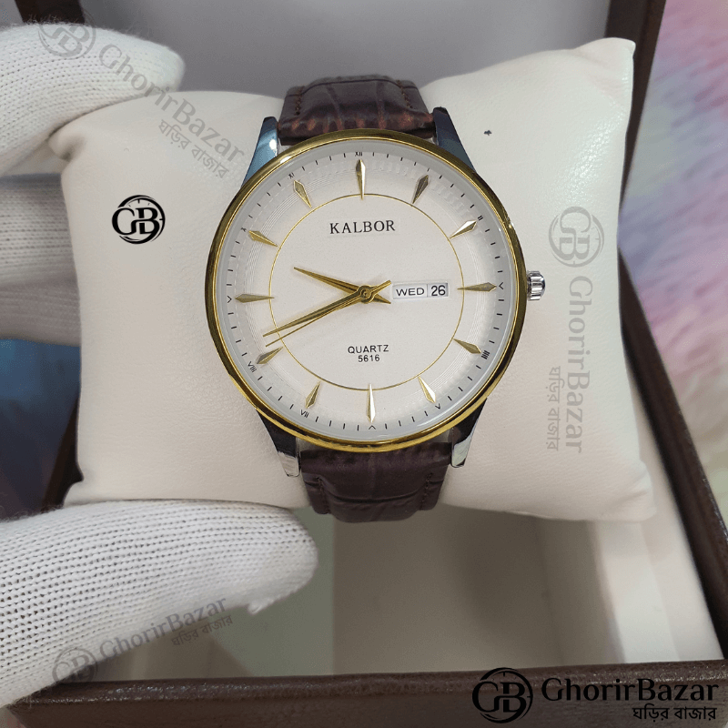 Kalbor 5616 Leather Belt (Brown+White+Gold)