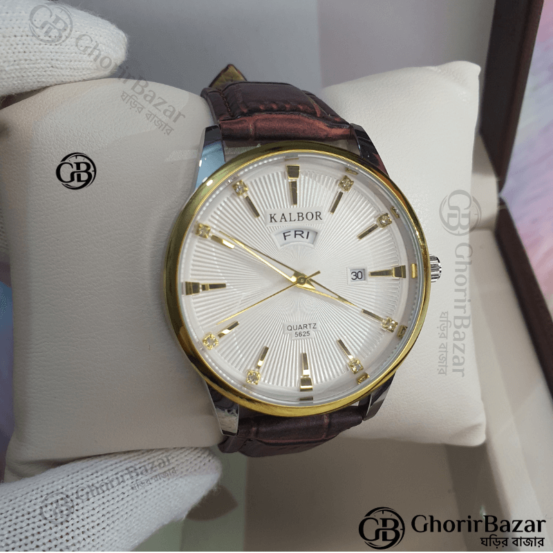 Kalbor 5625 Leather Belt (Brown+White+Gold)