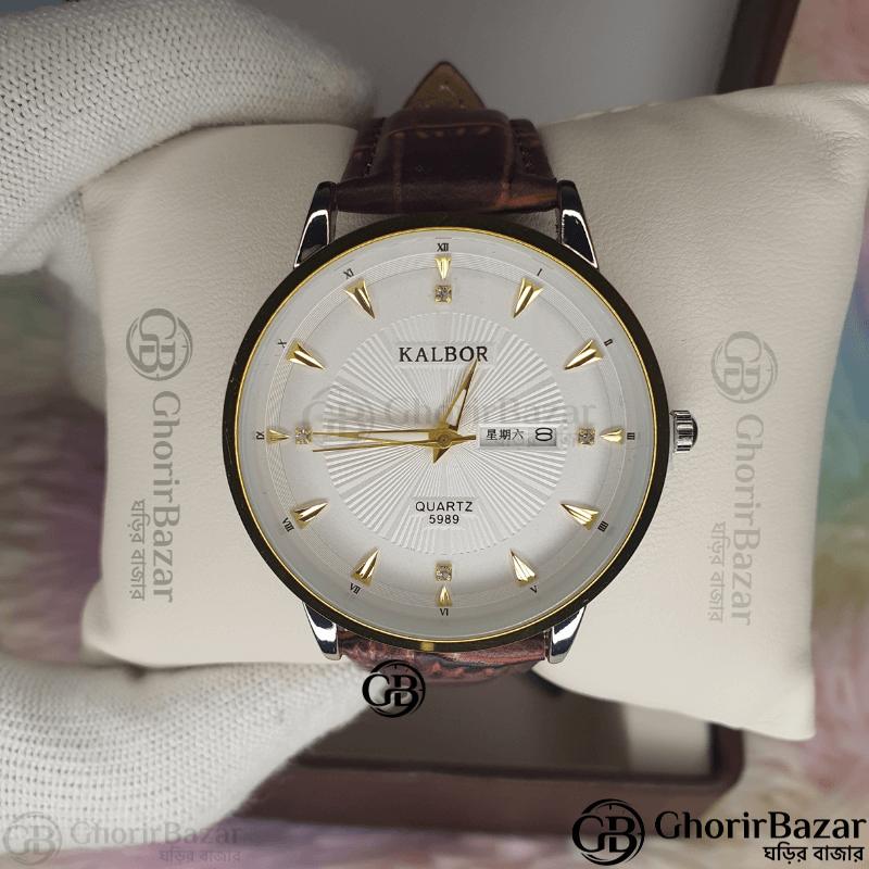 Kalbor 5989 Leather Belt Watch (Black+White+Golden)