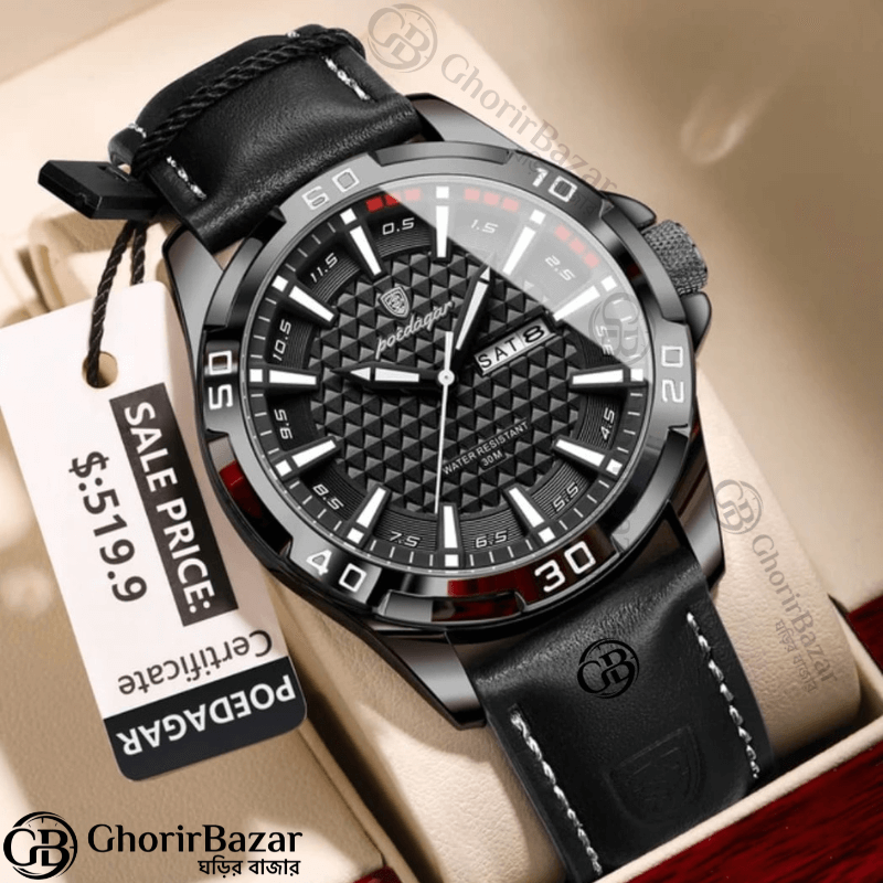 POEDAGAR 895 Luminous Leather Men’s Watch (Black)