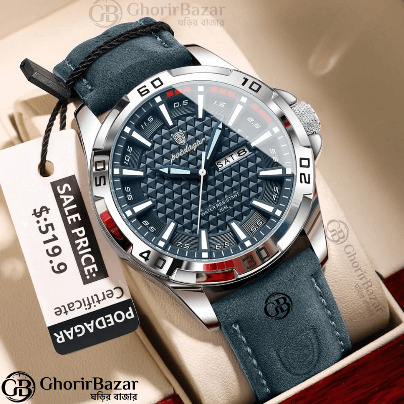 POEDAGAR 895 Luminous Leather Men’s Watch (Blue)