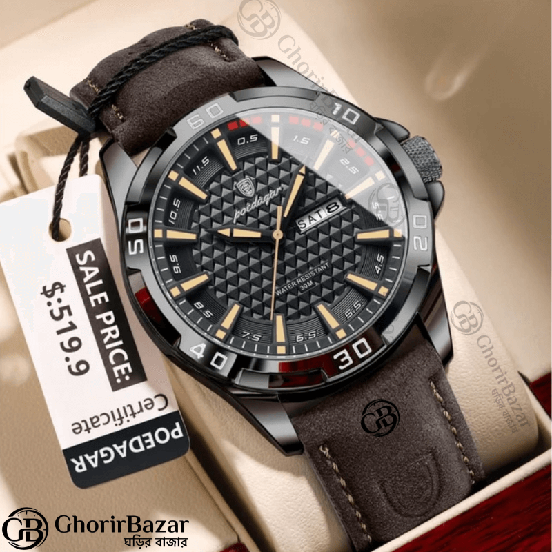 POEDAGAR 895 Luminous Leather Men’s Watch (Brown)