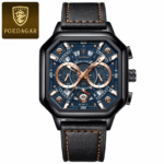 Poedagar 983 Men’s Luxury Chronograph Square Luminous Watch (Black+Blue)