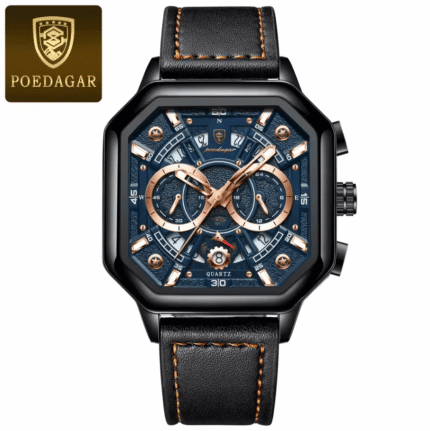 Poedagar 983 Men’s Luxury Chronograph Square Luminous Watch (Black+Blue)