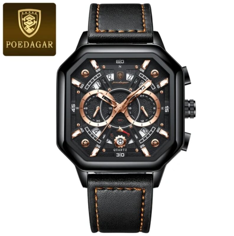 Poedagar 983 Men’s Luxury Chronograph Square Luminous Watch (Black+Rose Gold)