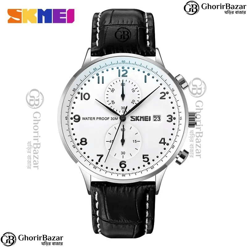 SKMEI 9301 Premium Leather Men Quartz Watch (Black+White)