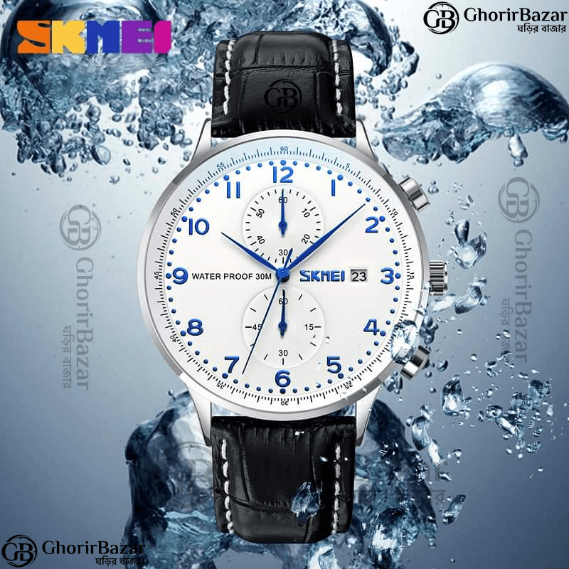 SKMEI 9301 Premium Leather Men Quartz Watch (Black+White)