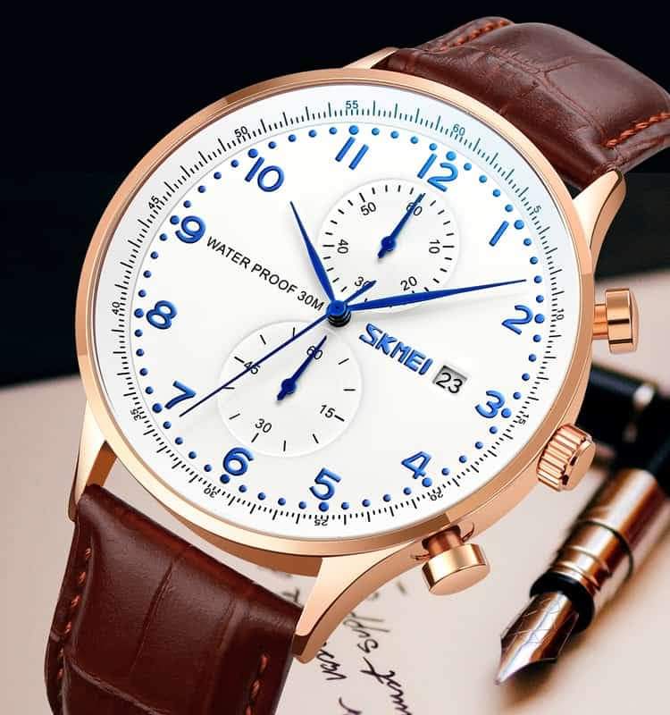 SKMEI 9301 Premium Leather Men Quartz Watch (Brown+White+Blue)