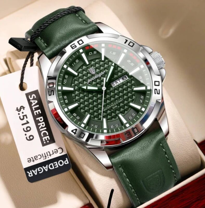 Poedagar 895 Luminous Leather Watch For Men (Green).jpg