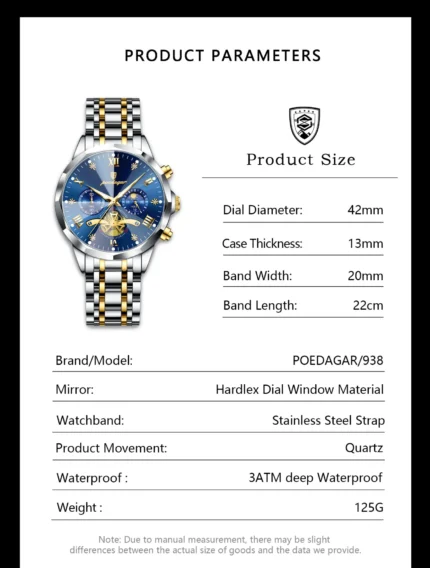 Poedagar 938 Men’s Luxury Stainless Steel Chronograph Quartz Watch Features