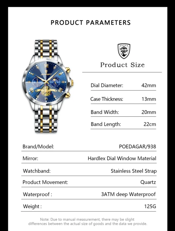 Poedagar 938 Men’s Luxury Stainless Steel Chronograph Quartz Watch Features