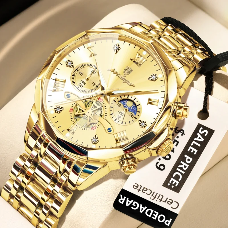 Poedagar 938 Original Men’s Quartz Chronograph Watch (Golden)