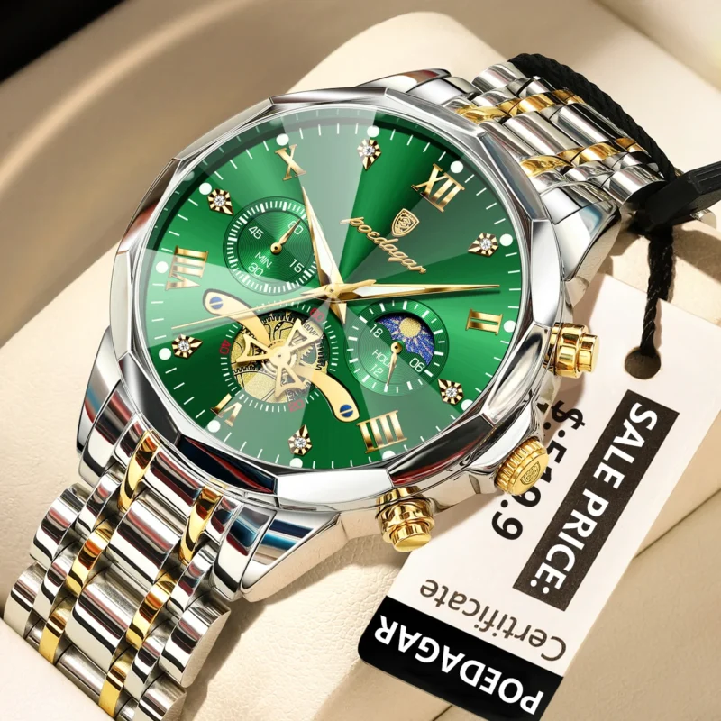 Poedagar 938 Original Men’s Quartz Chronograph Watch (Silver+Gold+Green)