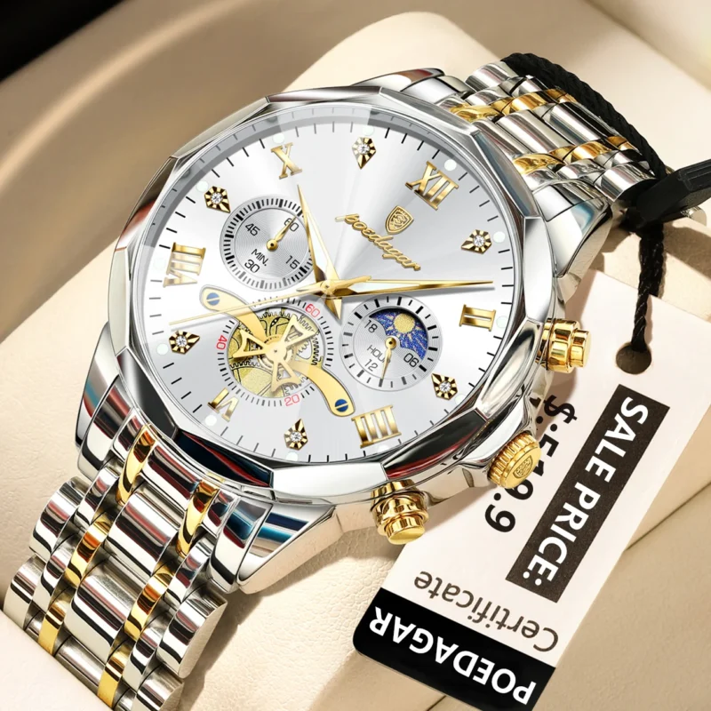 Poedagar 938 Original Men’s Quartz Chronograph Watch (Silver+Gold+White)