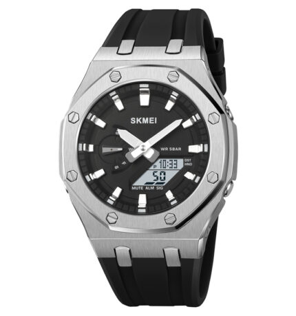 SKMEI 2243 Dual Movt Silicon Belt Sports Watch For Men's (Black+Silver)