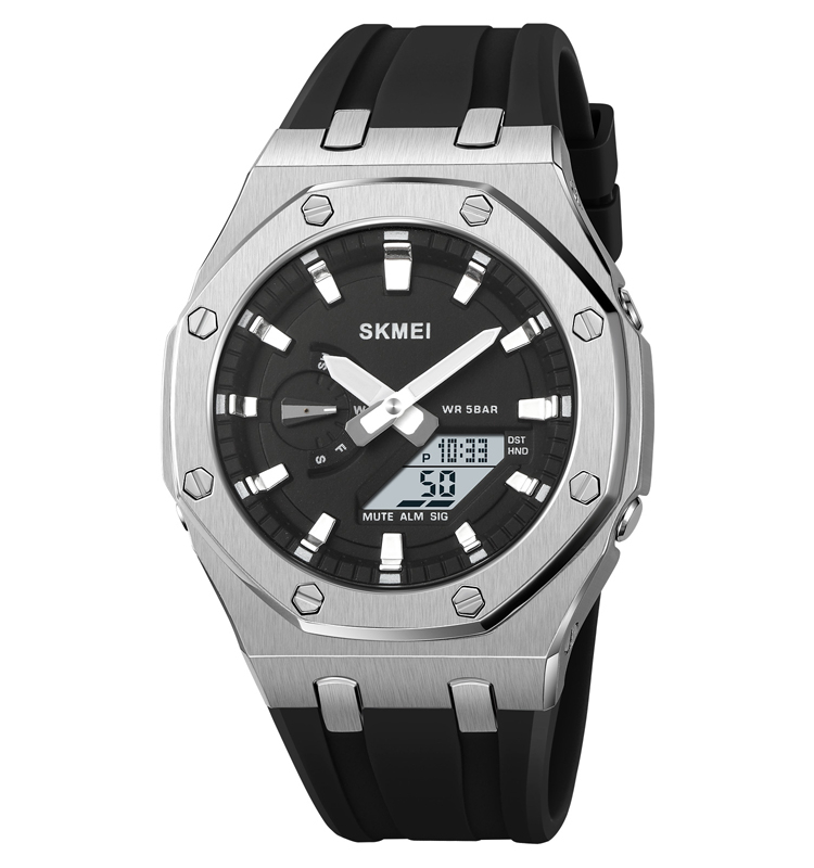 SKMEI 2243 Dual Movt Silicon Belt Sports Watch For Men's (Black+Silver)