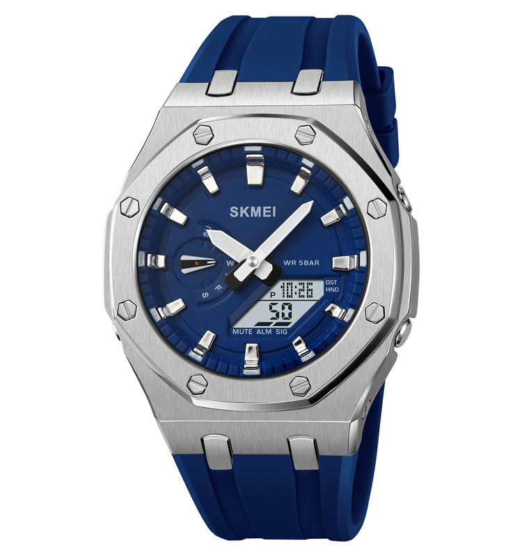 SKMEI 2243 Dual Movt Silicon Belt Sports Watch For Men's (Dark Blue+Silver)