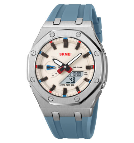 SKMEI 2243 Dual Movt Silicon Belt Sports Watch For Men's (Light Blue+Silver+White)