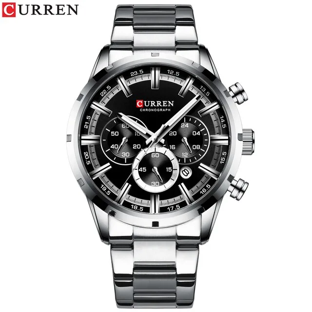 Curren 8355 Luxury Business Quartz Chronograph Stainless Steel Watch For Men (Silver+Black)