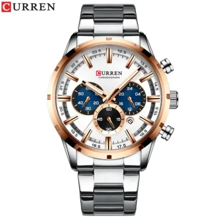 Curren 8355 Luxury Business Quartz Chronograph Stainless Steel Watch For Men (Silver+White)