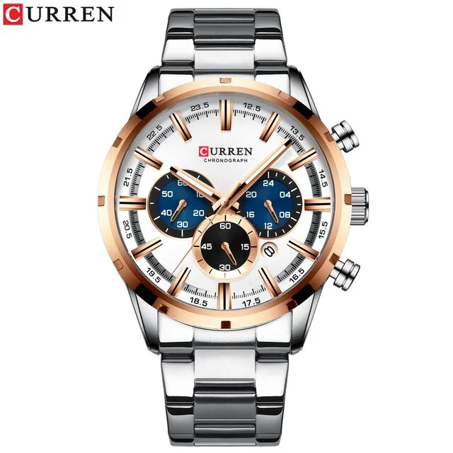 Curren 8355 Luxury Business Quartz Chronograph Stainless Steel Watch For Men (Silver+White)