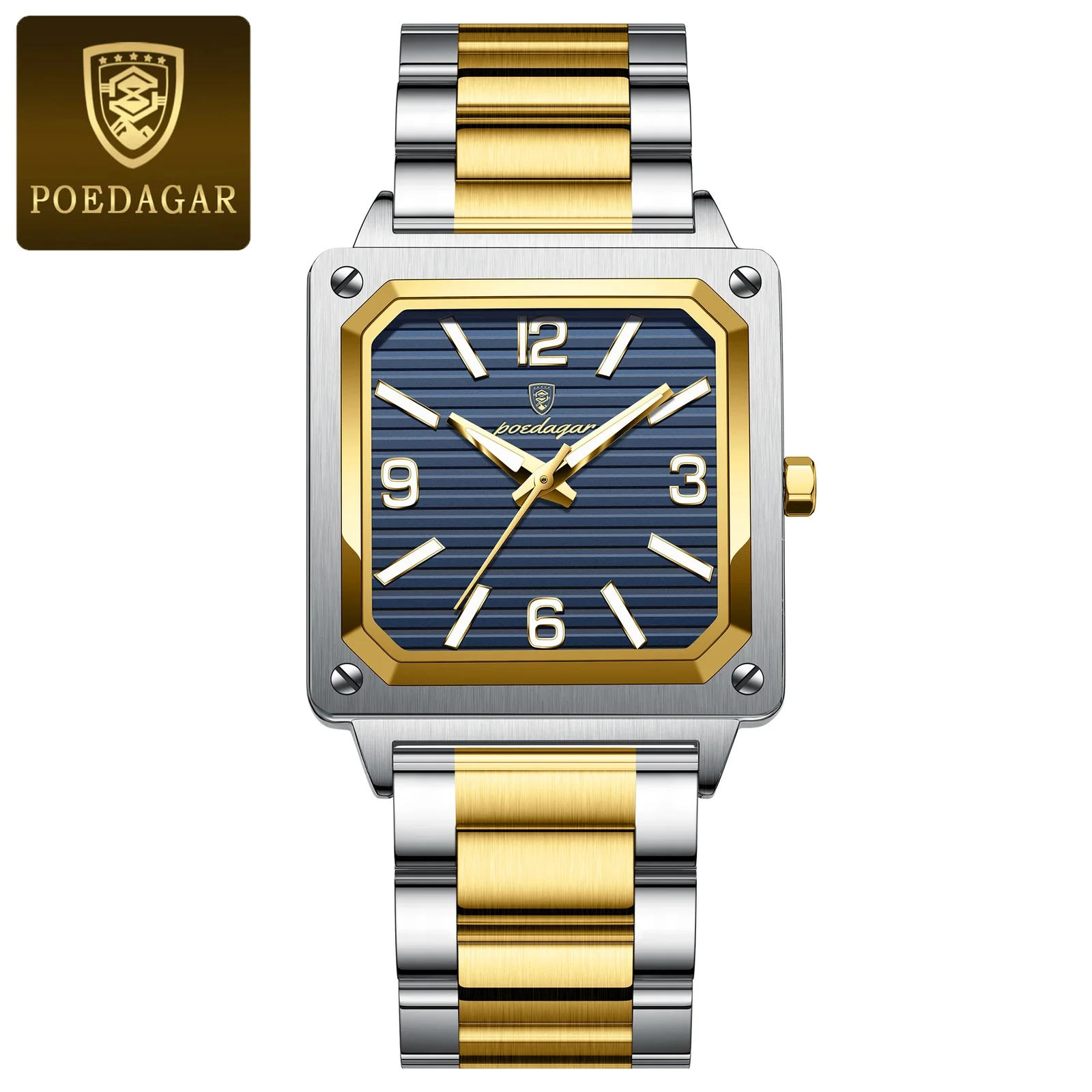 Poedagar 870 Luminous Square Stainless Steel Men’s Watch( Silver+Gold+Blue) Poedagar-870-Luminous-Square-Stainless-Steel-Mens-Watch