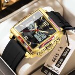 Poedagar E109 Square Dial Dual Time Men’s Watch (Black+Gold+Black)