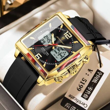 Poedagar E109 Square Dial Dual Time Men’s Watch (Black+Gold+Black)