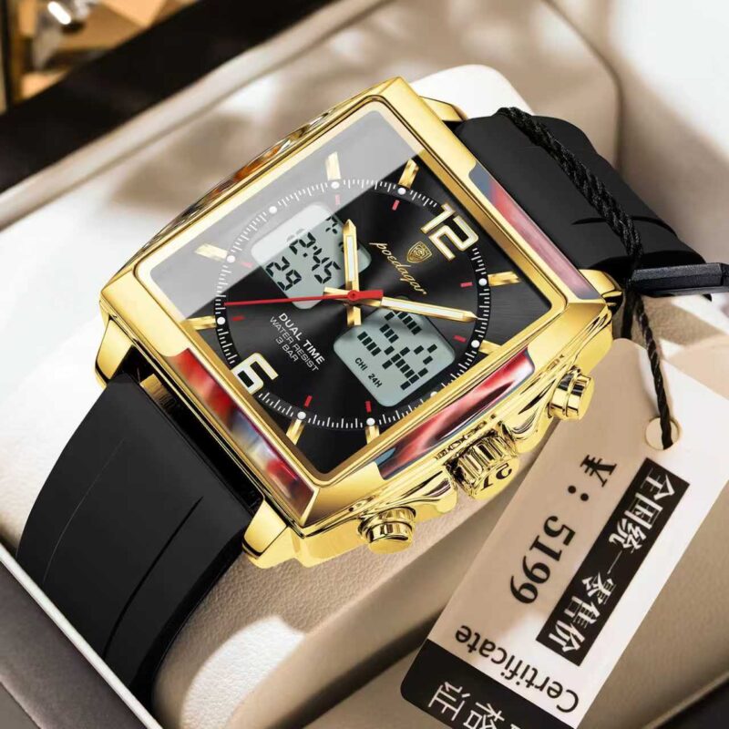 Poedagar E109 Square Dial Dual Time Men’s Watch (Black+Gold+Black)