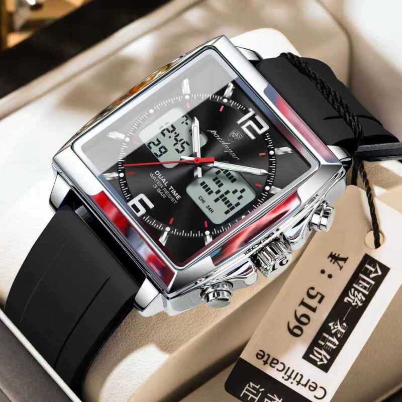 Poedagar E109 Square Dial Dual Time Men’s Watch (Black+Silver+Black)