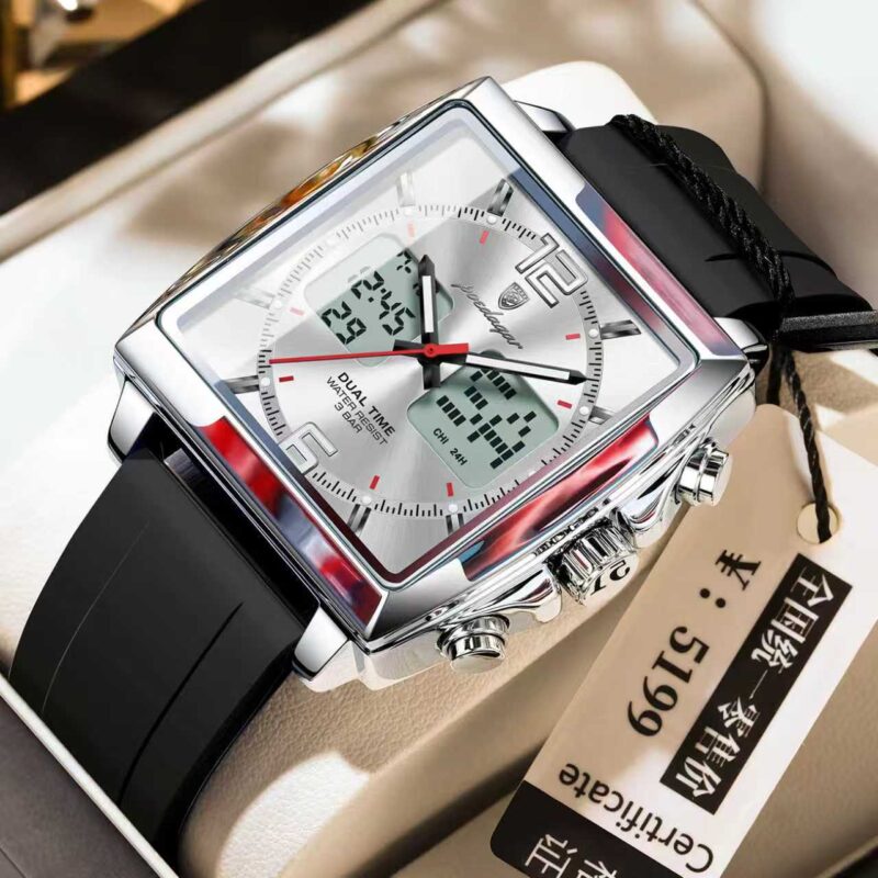 Poedagar E109 Square Dial Dual Time Men’s Watch (Black+Silver+White)