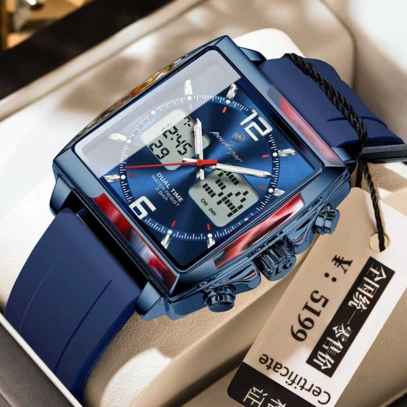 Poedagar E109 Square Dial Dual Time Men’s Watch (Blue)