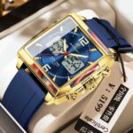 Poedagar E109 Square Dial Dual Time Men’s Watch (Blue+Gold+Blue)