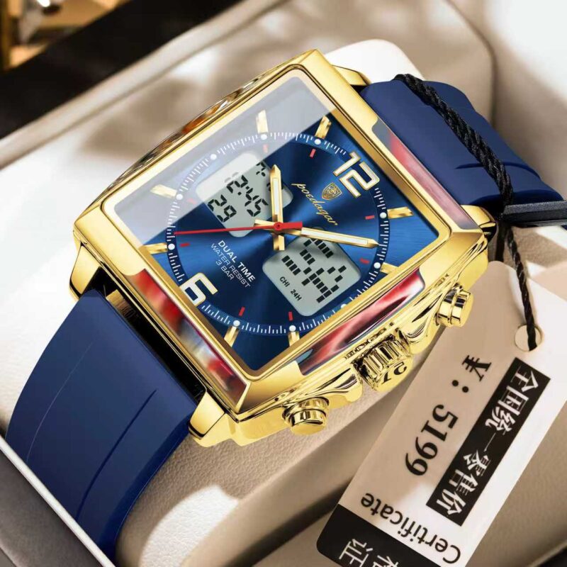 Poedagar E109 Square Dial Dual Time Men’s Watch (Blue+Gold+Blue)
