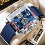 Poedagar E109 Square Dial Dual Time Men’s Watch (Blue+Silver+Blue)