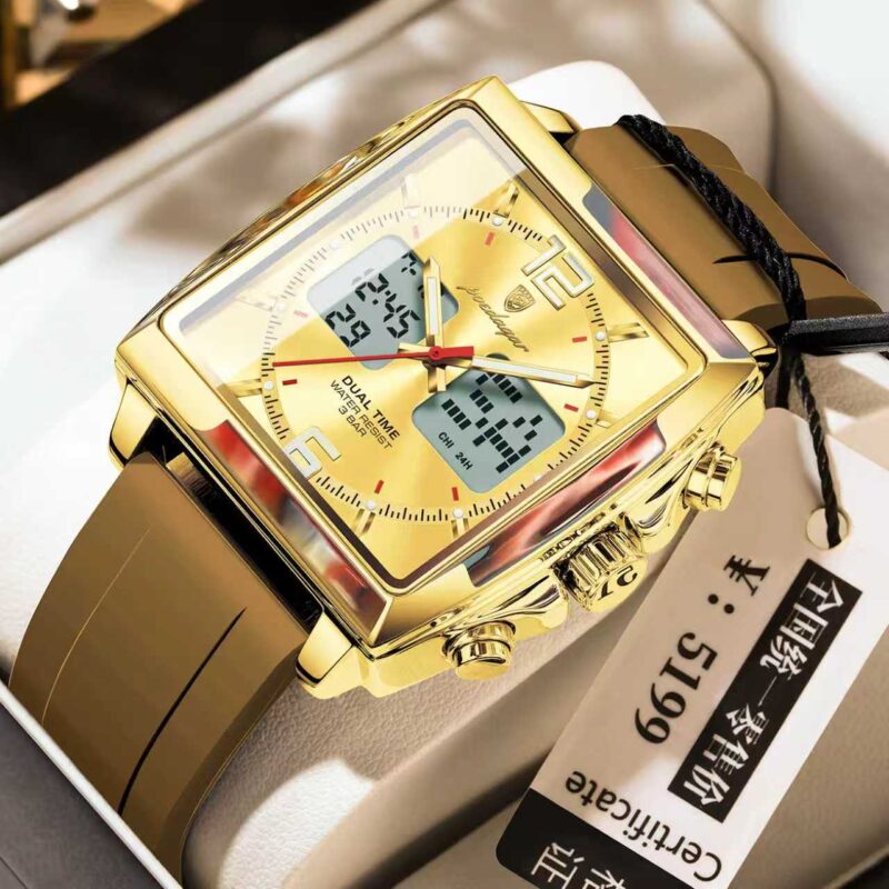 Poedagar E109 Square Dial Dual Time Men’s Watch (Gold)