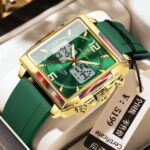 Poedagar E109 Square Dial Dual Time Men’s Watch (Green+Gold+Green)
