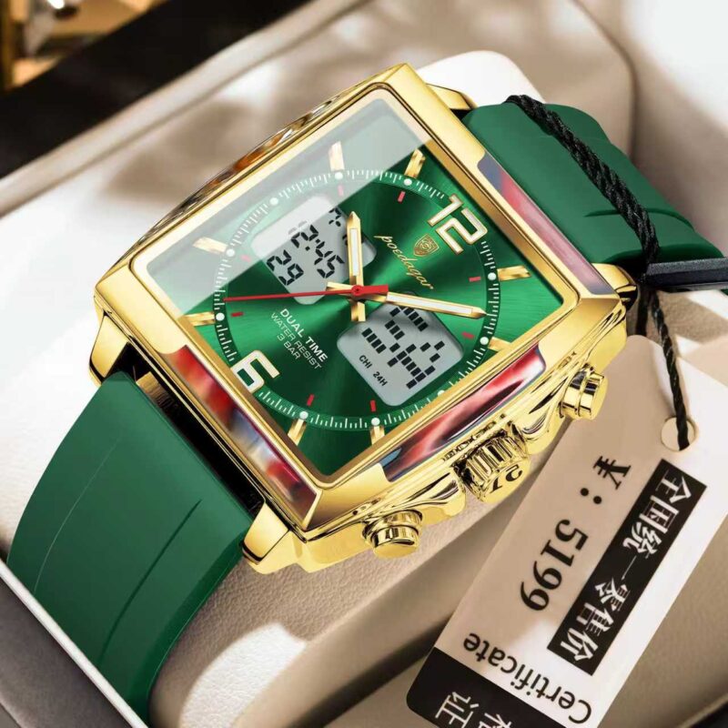 Poedagar E109 Square Dial Dual Time Men’s Watch (Green+Gold+Green)