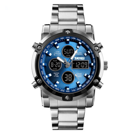 SKMEI 1389 Waterproof Stainless Steel Men Digital Watch (Silver+Blue)