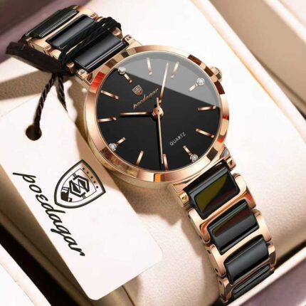 Poedagar 505 Luxury Quartz Wrist Watch Ceramic Strap For Women (Rose Gold+Black)