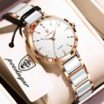 Poedagar 505 Luxury Quartz Wrist Watch Ceramic Strap For Women (Rose Gold+White)