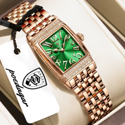 Poedagar 799 Luxury Stainless Steel Fashion Quartz Watch For Woman (Rose Gold+Green)