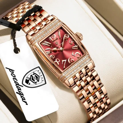 Poedagar 799 Luxury Stainless Steel Fashion Quartz Watch For Woman (Rose Gold+Red)