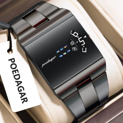 Poedagar 857 Premium Rectangle Quartz Men's Watch with Stainless Steel Strap (Black)