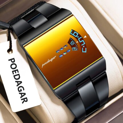 Poedagar 857 Premium Rectangle Quartz Mens Watch with Stainless Steel Strap (Black+Gold)