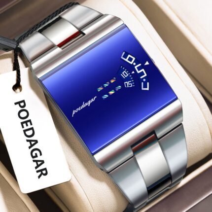 Poedagar 857 Premium Rectangle Quartz Mens Watch with Stainless Steel Strap (Silver+Blue)