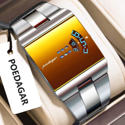 Poedagar 857 Premium Rectangle Quartz Mens Watch with Stainless Steel Strap (Silver+Gold)